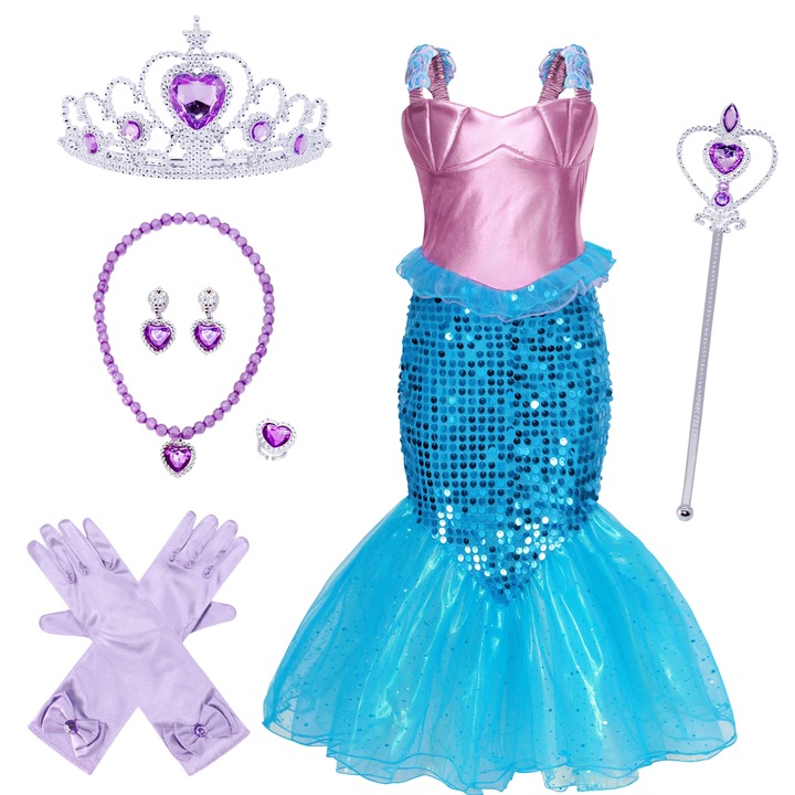 Set Rochie Printesa Sirena, 6 Accesorii, Albastru, 5-6 Ani, 110cm