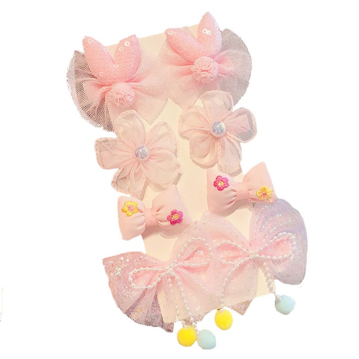 Комплект от 8 фиби за коса за момичета, тип щипки за деца, текстил/метал, 3.5 см, розови и многоцветни