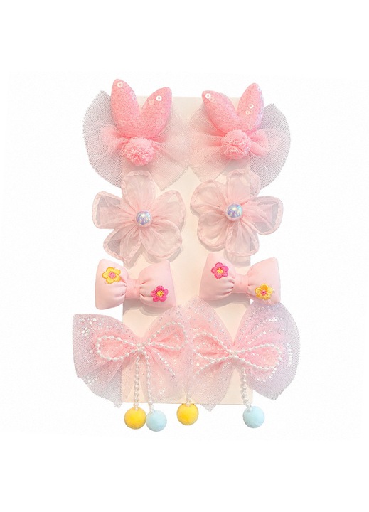 Set 8 Agrafe de Par pentru Fetite si Bebelusi, Clame de Par Tip Cleste de Rata cu Flori, Funde si Paiete, Protectie Delicata pentru Scalp, 3.5 cm, Roz si Multicolor