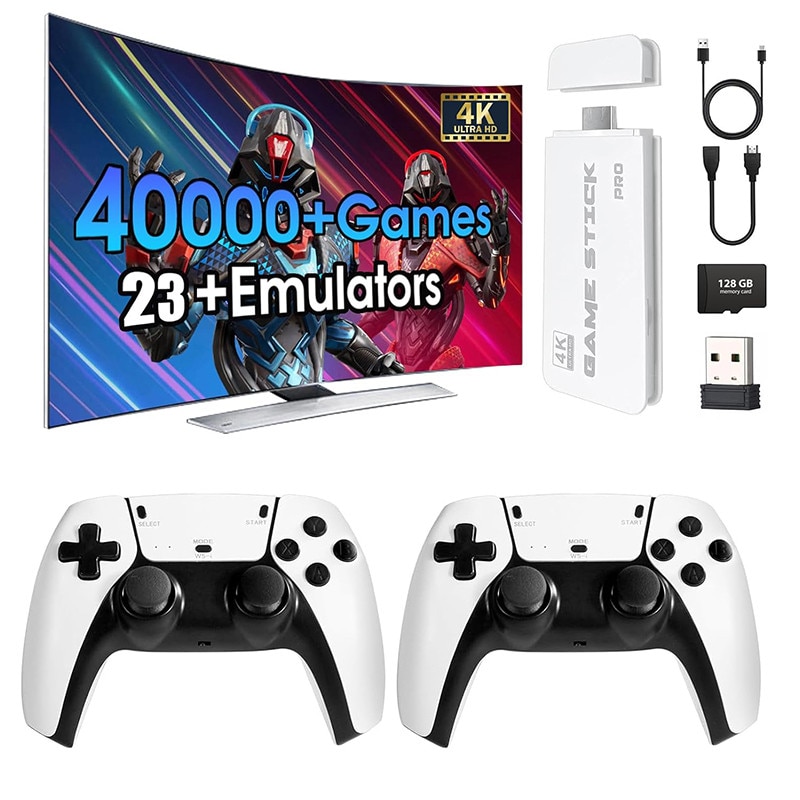 Consola retro portabila, Rqiurpn, 128GB, 40000 jocuri, Wireless, 4K HDMI, Cu 2 controlere de joc, Compatibil 2 jucatori simultan, Operare usoara si de transportat, Alb