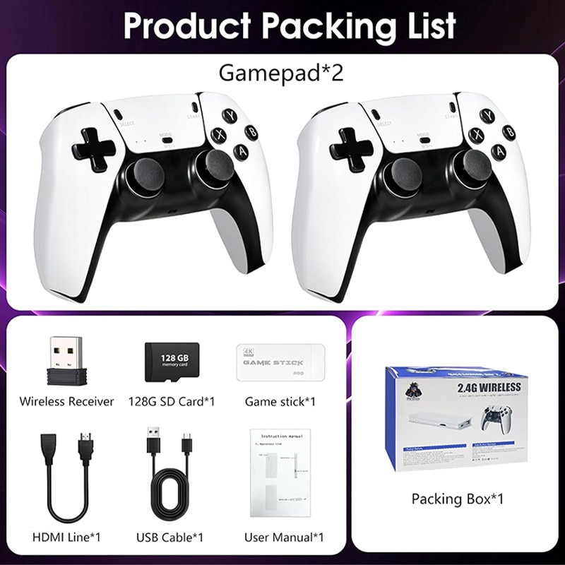 Consola retro portabila, Rqiurpn, 128GB, 40000 jocuri, Wireless, 4K HDMI, Cu 2 controlere de joc, Compatibil 2 jucatori simultan, Operare usoara si de transportat, Alb