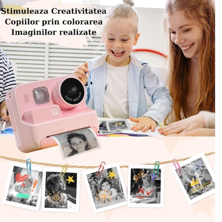 Детска фото/видео камера с моментално печатане, 2-инчов IPS екран, 1080P видео, селфита, 16x увеличение, 32GB TF карта, USB зареждане, стикери и аксесоари включени, PacFullTech®, розова