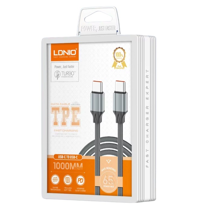 Cablu de incarcare si date USB-C la USB-C 65W, LDNIO, 100cm, fast charging, PD/QC, 5A, rezistent, compatibil laptop sau telefon, Gri