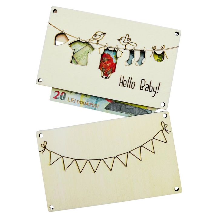 Felicitare Suport din lemn pentru Bani "Hello Baby!" 17 x 10, 5 cm – Cadou Nastere / Botez, chete pentru colege insarcinate