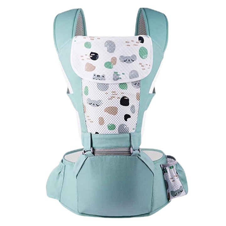 Ергономична бебешка раница Infinityea™, 0-36 месеца, 6 позиции за носене, Поддържа до 20 кг, Универсално регулиране, Опора за глава, Каишка за лумбална опора, Регулируема, Зелена