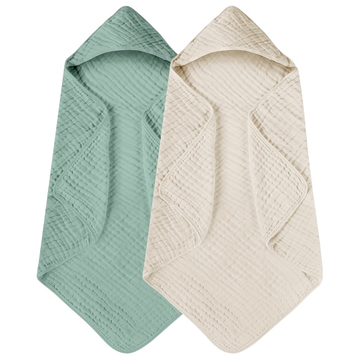 Set 2x Prosop de baie cu gluga pentru bebelusi din muselina Babysnugg - 80x80cm, 0-3 ani, moale, absorbant, 100% bumbac, Verde cu Bej