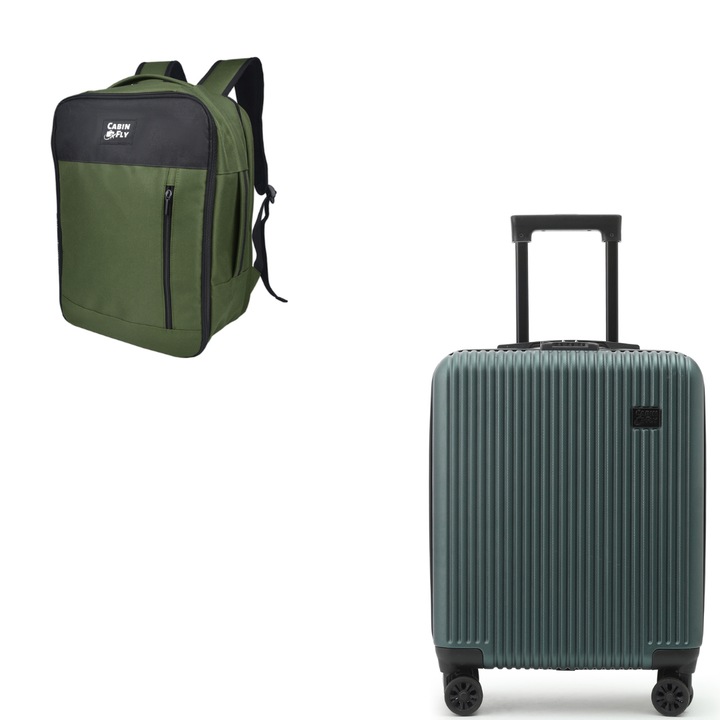 CabinFly utazószett Ryanair Priority légitársasághoz, zöld kabin gurulós kocsi 55x40x20cm és zöld hátizsák 40x30x20cm, ideális városi kiruccanásokhoz és légi utazáshoz