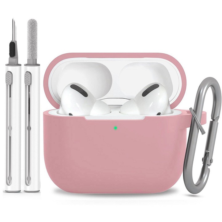 Husa pentru AirPods Pro 2/1 cu kit de curatare, design din silicon, protectie completa, roz pudrat