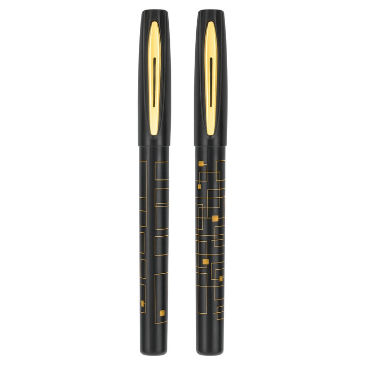 Set 2 pixuri premium elegante, cu varf subtire si capac cu detaliu auriu, Ideal pentru cadou, job, scoala, 0.5 mm, Negru/Auriu
