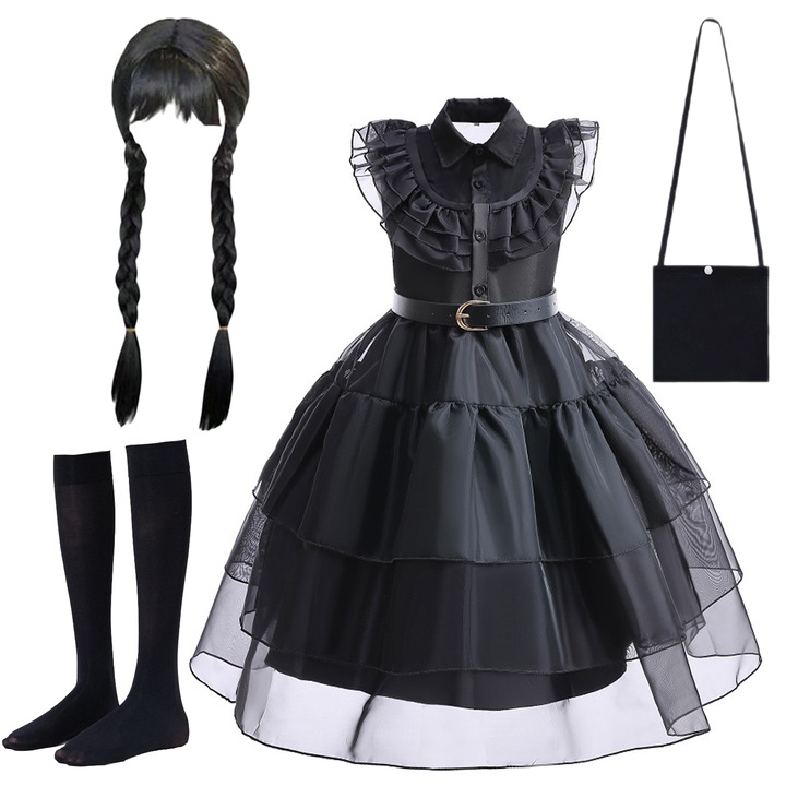 Set Costum Wednesday Addams, 11-12 ani Rochie Cosplay pentru fete Wednesday Addams, Cu peruca, ciorap, sac, Poliester, Negru, 150cm