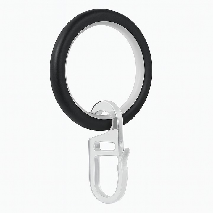 Set 12 Inele Metalice Negre cu Insertie PVC si Carlige din Plastic Transparente – Pentru Galerii Metalice Ø16, Ø19, Ø20 mm – Prindere Perdele/Draperii, Glisare Silentioasa