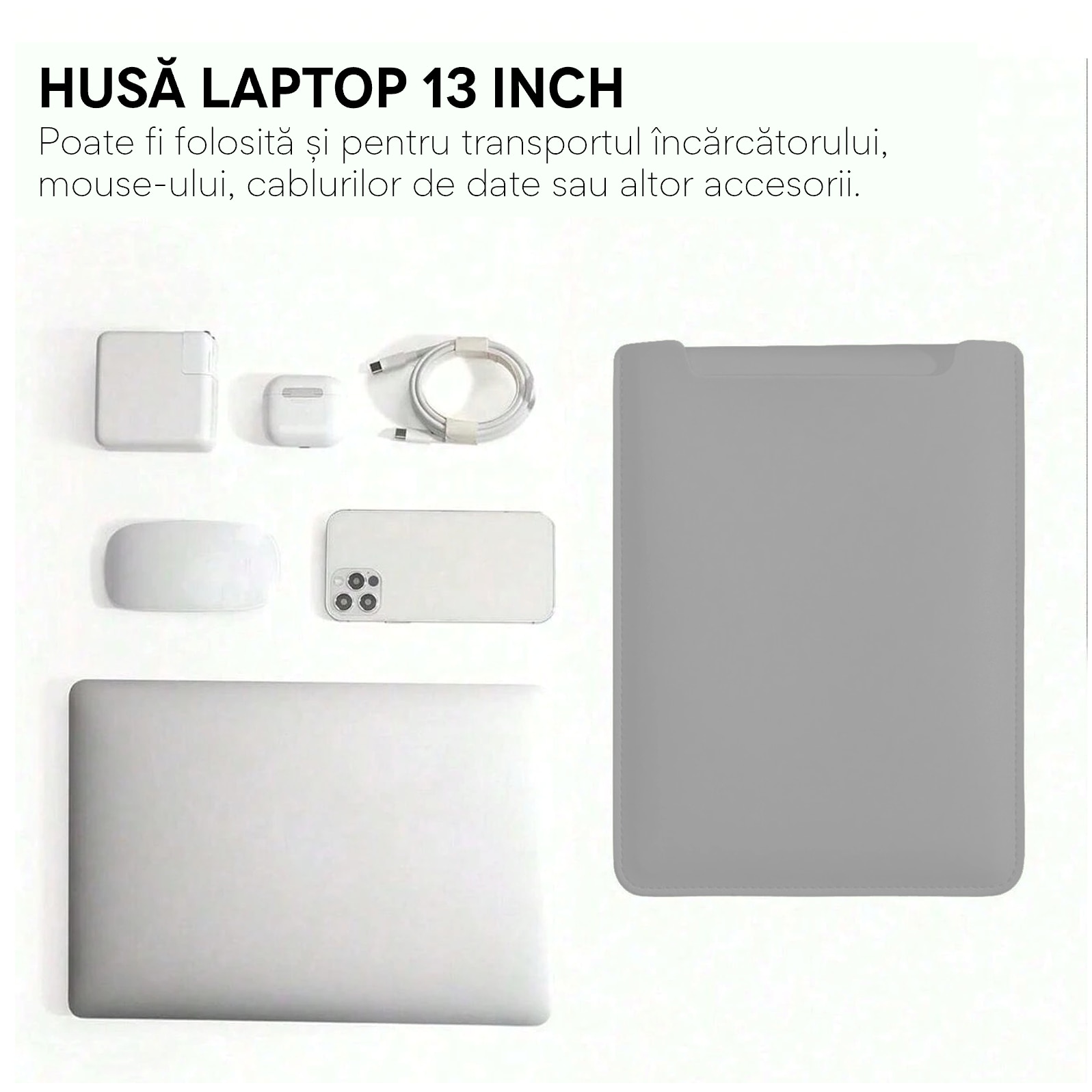Husa pentru MacBook Pro/Air sau Laptop 13 Sleeve din piele PU premium cu mouse-pad inclus, rezistenta la apa, gri