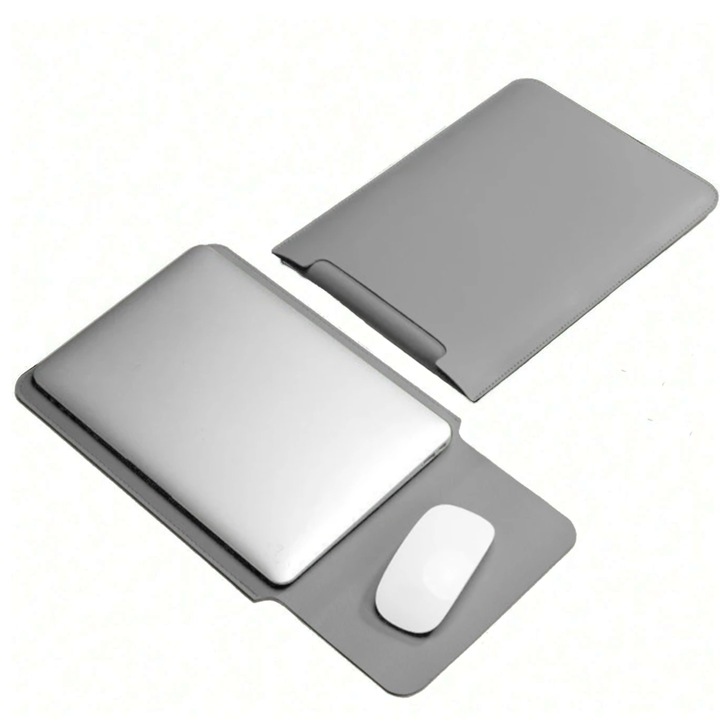Husa pentru MacBook Pro/Air sau Laptop 13 Sleeve din piele PU premium cu mouse-pad inclus, rezistenta la apa, gri