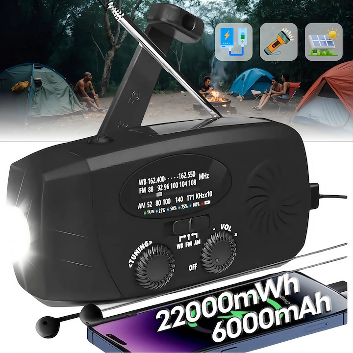 Radio Portabil Camping Cu Lampa LED, Valuxor®, Incarcare Solara Si Manuala, Radio FM/AM Meteo De Urgenta, Cu Lanterna, Lampa De Citire Si Alarma SOS Si Dinamo Cu Manivela，Kit Supravietuire, Pentru Camping, Calamitati, Cutremure, Powerbank 6000 mAh, Negru