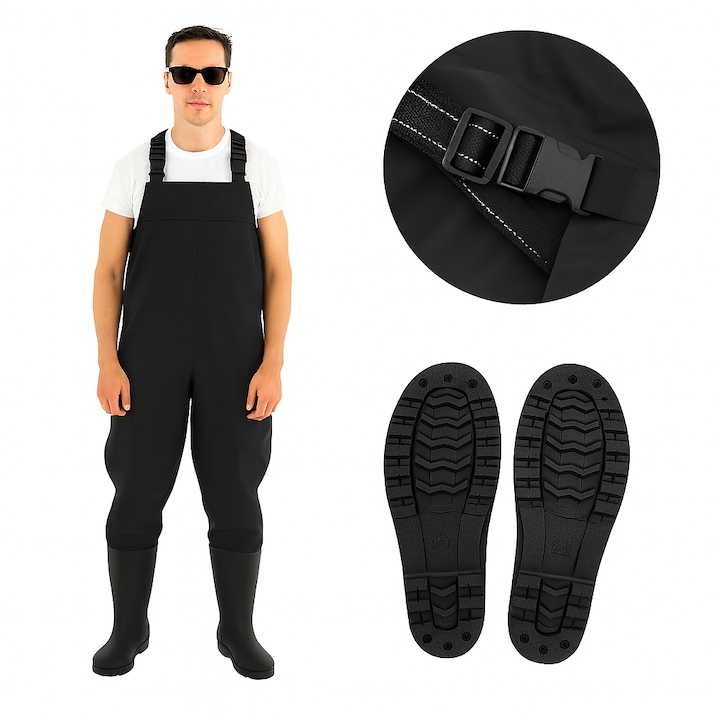 Salopeta cu cizme de cauciuc, Zola, 43/44, impermeabile, talpa antiderapanta, bretele reglabile, PVC, 137 x 60 cm, neagra