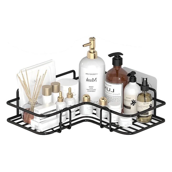 Рафт за душ, PREMIUM-INOX, рафт за баня, изработен от метал, идеален за органайзер за съхранение в банята, 26 x 26 x 5 см, черен, HAPPY JOKER®