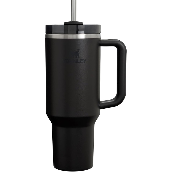 Чаша Stanley Quencher H2.0, с дръжка и сламка, капак с три позиции, поставка за пътуване, изолирана от неръждаема стомана, черна, 40 oz