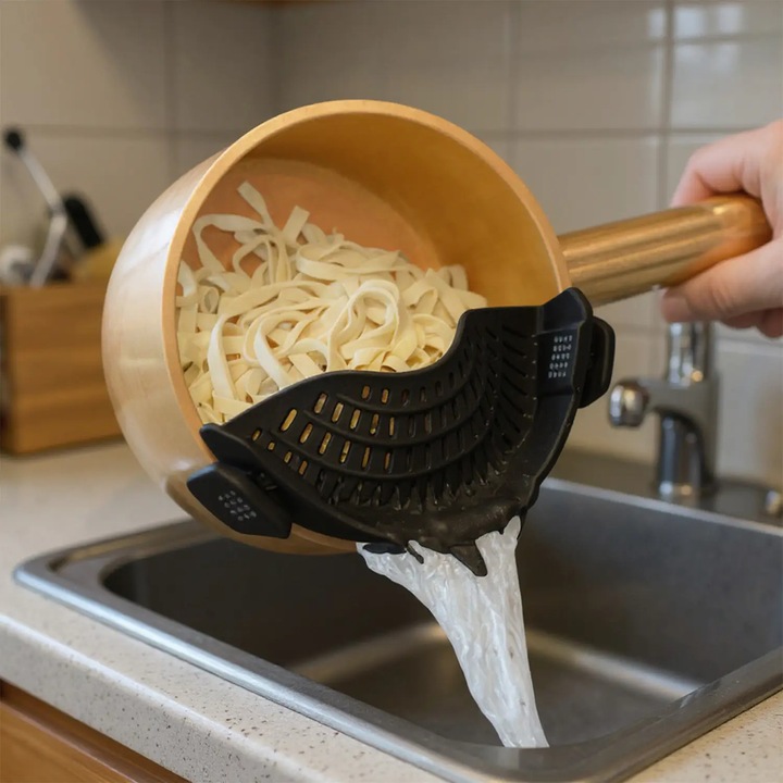 Strecuratoare Clip-On Elindor® din Silicon Termorezistent, Suport Universal pe Oale si Tigai, Scurgator Compact Universal, Usor de Curatat, Ideala pentru Paste, Legume si Fructe, 22. 5x9 cm, Negru