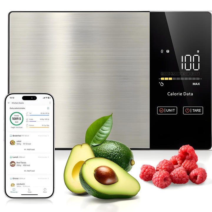 Okos Konyhai Mérleg Zenivo 5kg, Bluetooth, 1g pontosság, Színes LED Kijelző, Rozsdamentes acél, TARE funkció, 999 élelmiszer az iOS/Android táplálkozási alkalmazásban, Apple Health és Fitbit, Mérés: g, lb:oz, ml, fl oz, Kalória, Fehérje, Zsír, Szénhidrát