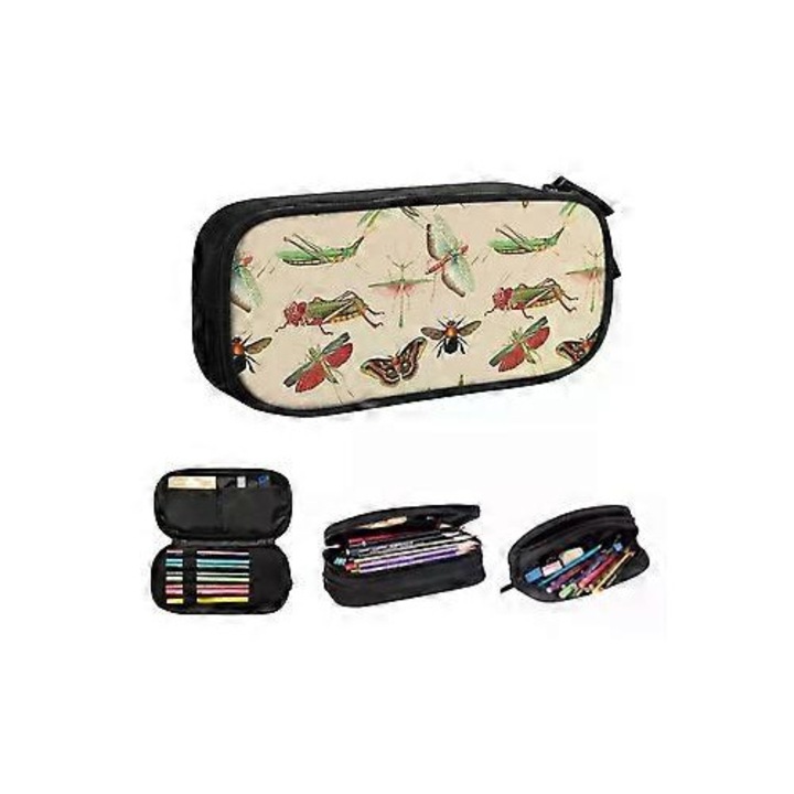 TF2470 Винтидж калъф за моливи с илюстрации на насекоми, голям капацитет, за момчета и момичета