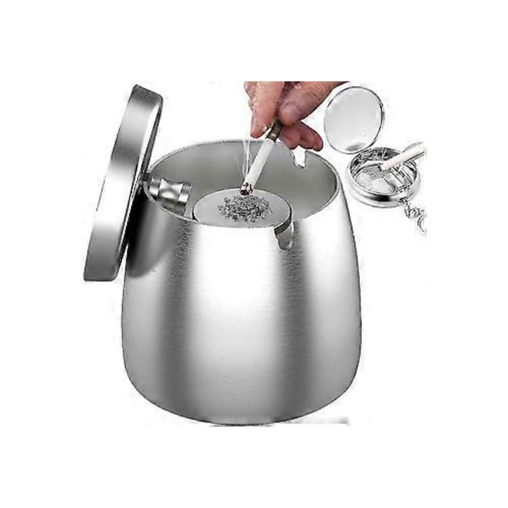 Rozsdamentes acél hamutartó fedéllel, szélálló, csúszásmentes aljjal, beltéri és kültéri használatra