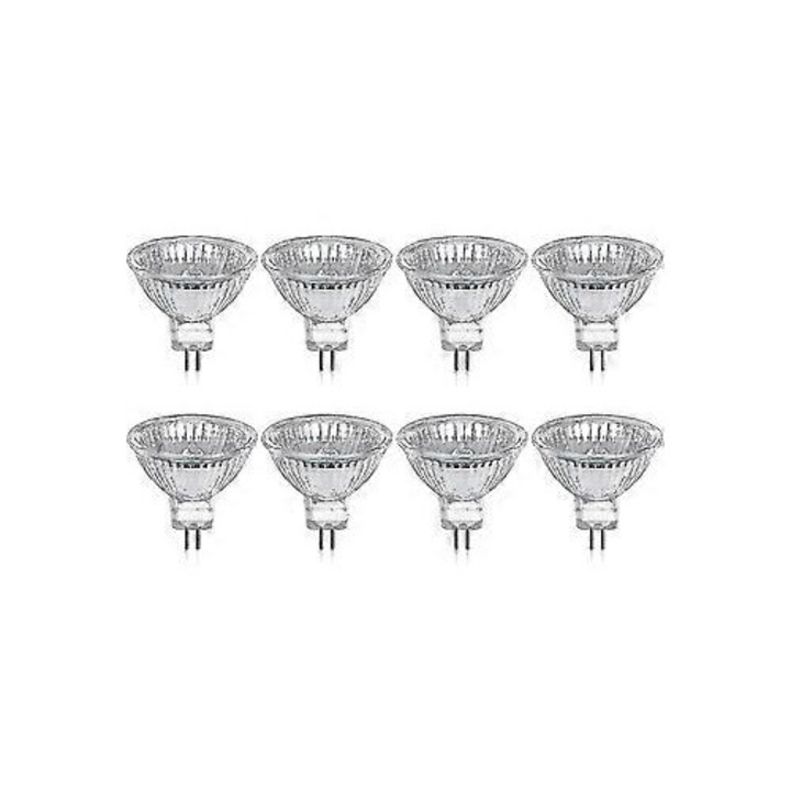Set de 8 becuri halogen Gu5.3 MR16 35W 12V dimabile, alb cald 2800K, 400 lumeni, sticla
