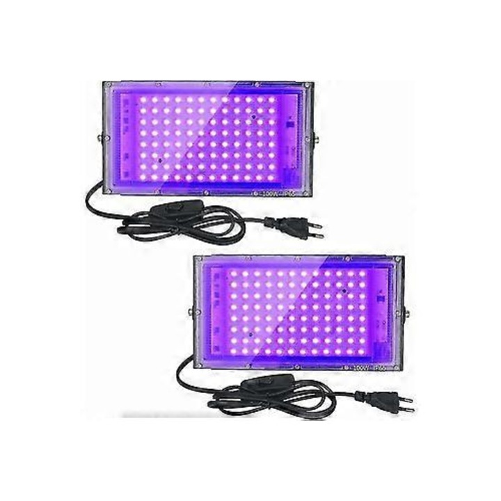 2 db 100W-os UV LED reflektor szett, effektvilágítás, vízálló, akváriumhoz, partihoz, neonfestményekhez, fluoreszkáló poszterekhez, fekete