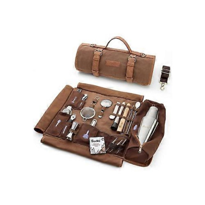 Комплект инструменти за барман, 17 части, чанта от восъчен плат, мебели