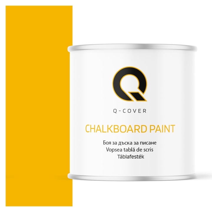 Vopsea pentru tabla de scris, Q-COVER, Galben cadmiu RAL1021, mat, pe baza de apa, pentru interior si exterior, uscare rapida, lavabila, rezistenta la UV, fara substante toxice, fara miros, usor de aplicat, 2.5L