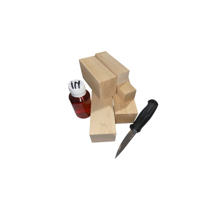 Set 5 blocuri din lemn de tei pentru cioplit cu 50 ml ulei in + cutit Morakniv sculptura basic