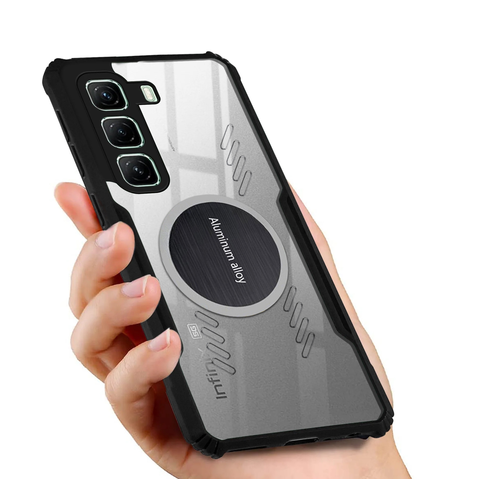 Husa telefon Infinix Hot 50 Pro 4G, transparenta/neagra, cu blasca magnetica, ergonomic, usor de montat