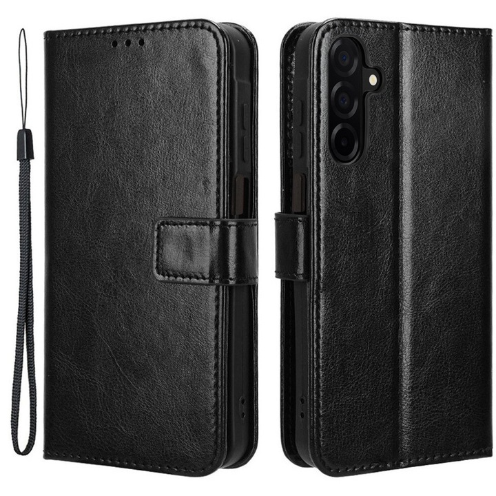 Etui cu clapa pentru Samsung Galaxy A26, Crazy Horse Wallet, ecologic, negru, functie stand