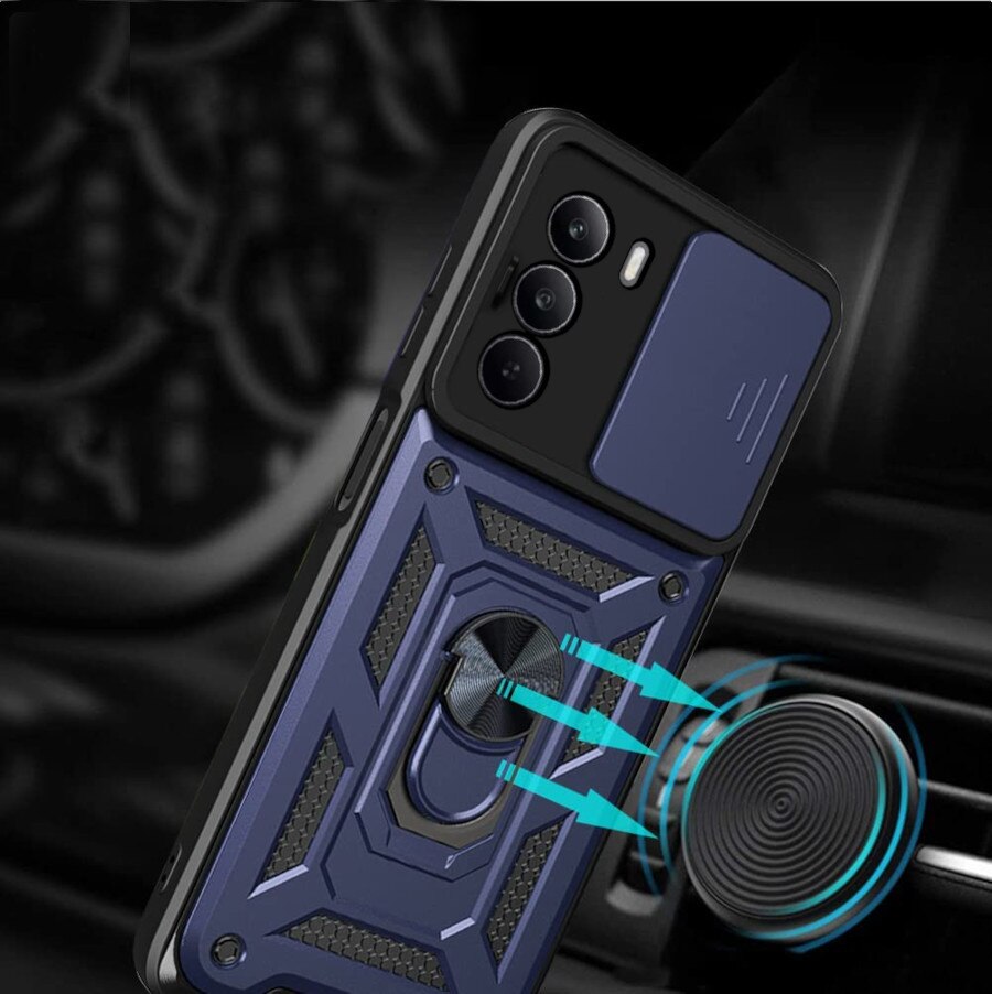 Etui pancerne XGSM pentru Realme C71, CamShield Slide, albastru, cu suport integrat si maner magnetic