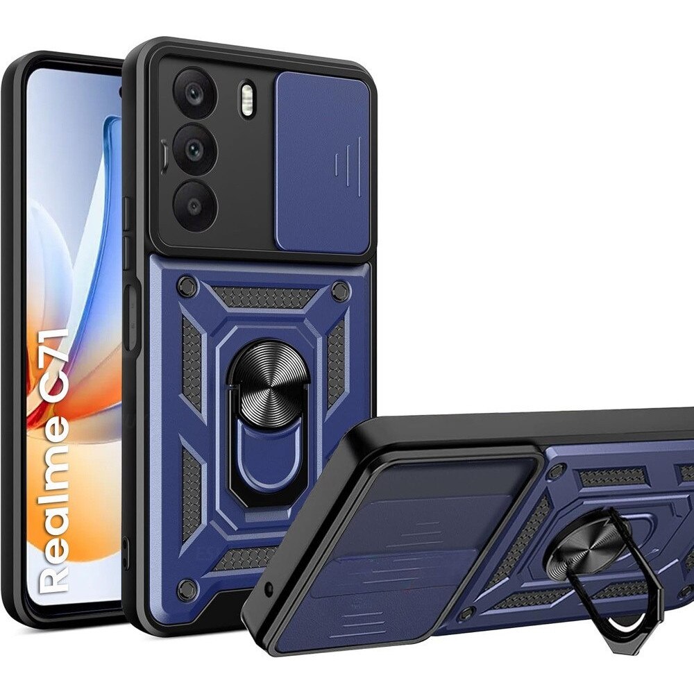 Etui pancerne XGSM pentru Realme C71, CamShield Slide, albastru, cu suport integrat si maner magnetic