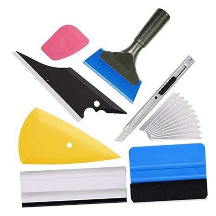 Комплект от 8 професионални аксесоара за фолио за кола, фолио за прозорци, фолио за фарове, карбоново фолио, със стъргалка, нож и резервни остриета, Прецизен антипенител, Висока еластичност, Прецизно рязане, Преносимо съхранение