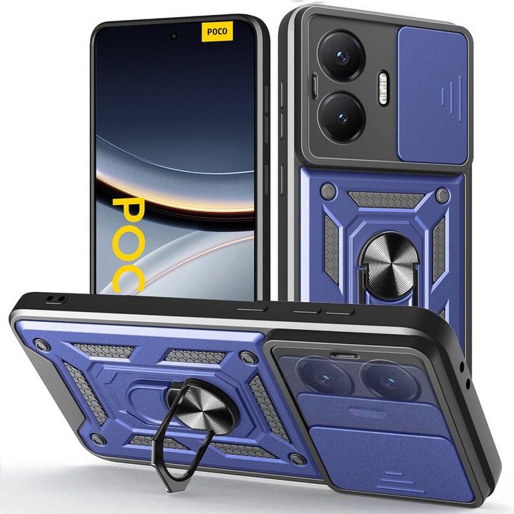 Etui pancerne XGSM pentru Xiaomi Poco F7 5G, CamShield Slide, albastru, cu suport integrat si maner magnetic