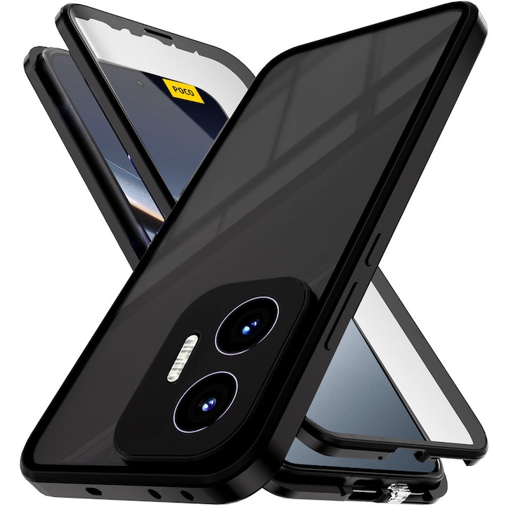 Husa telefon Xiaomi Poco F7 5G, Magnetic Dual Glass, neagra, sticla 9H, aluminiu