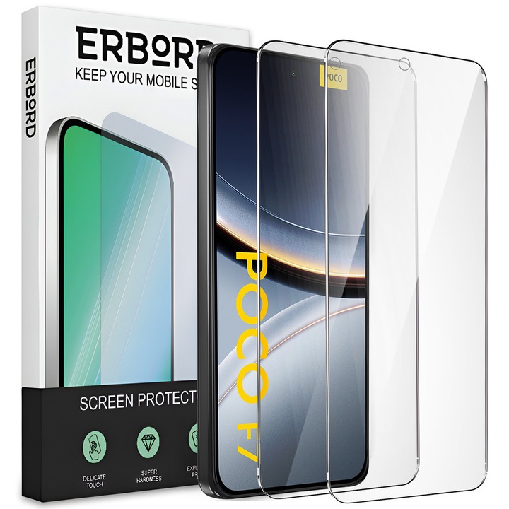 Set 2x Sticla Temperata ERBORD 9H pentru Xiaomi Poco F7 5G, transparenta, rezistenta la zgarieturi