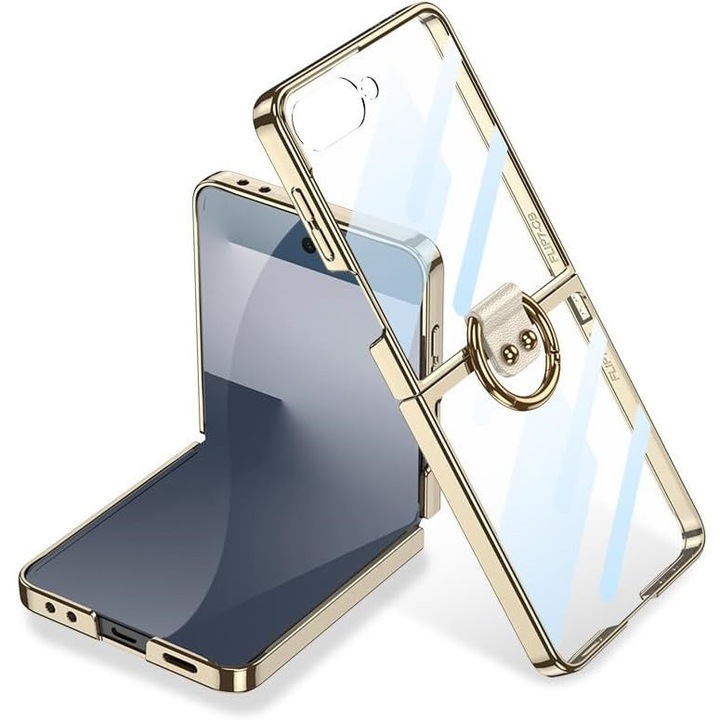 Etui Ring Holder pentru Samsung Galaxy Z Flip7 5G, auriu, ultra subtire, cu sticla de protectie
