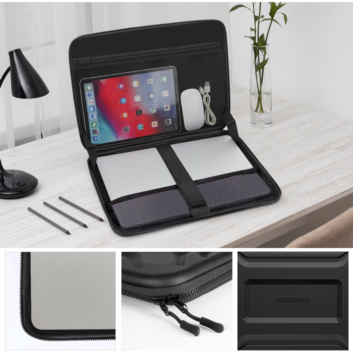 Geanta laptop ERBORD Hard Shell, waterproof, 13-14 inch, neagra, dimensiuni 36x26.5x4cm