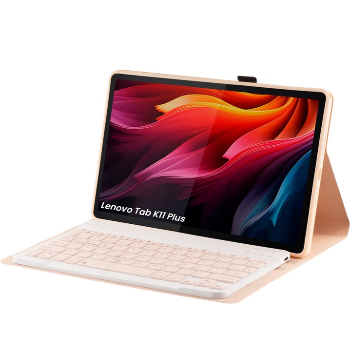 Husa cu tastatura Bluetooth, pentru Lenovo Tab K11 Plus, roz, 2 in 1, cu suport pentru stylus