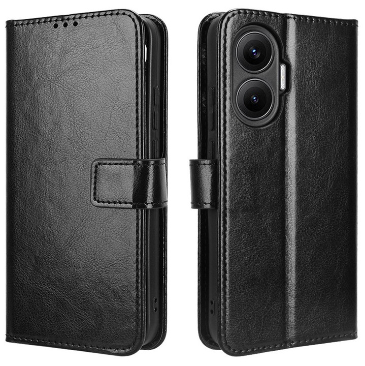 Etui cu clapeta pentru Xiaomi Poco F7 5G, Crazy Horse Wallet, negru, functie suport, material ecologic