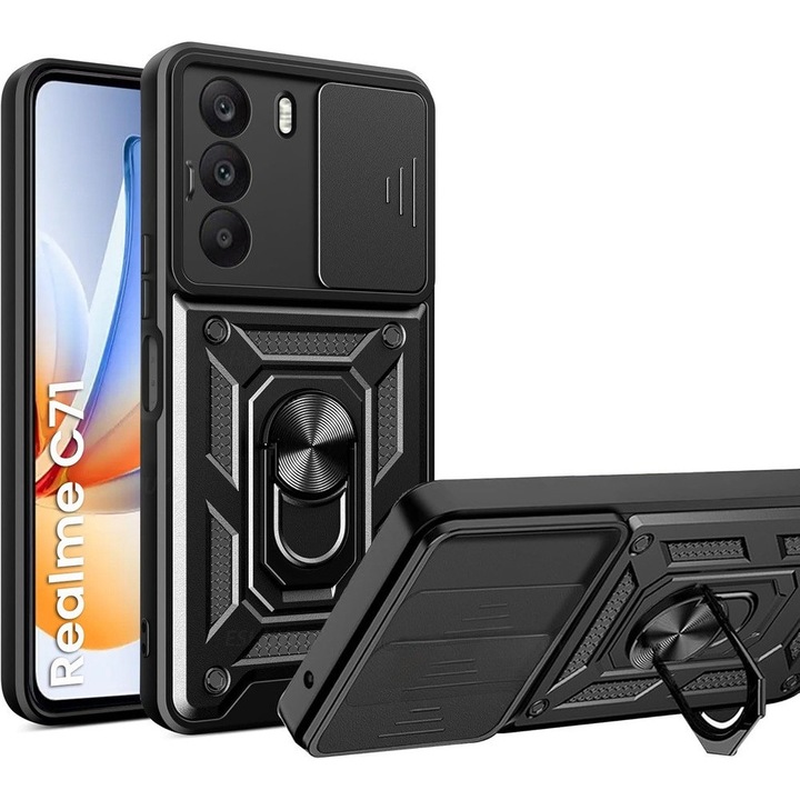 Etui pancerne XGSM pentru Realme C71, CamShield Slide, negru, cu suport integrat si manere pentru deget