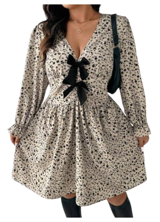 Rochie casual, bej cu imprimeu floral, 3 XL