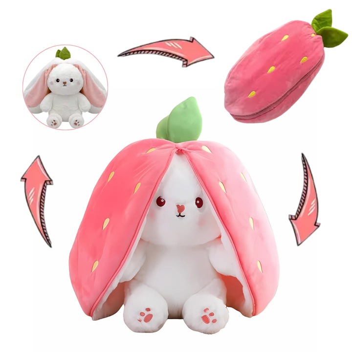 Плюшена играчка DrKala® Ягодово зайче, 35 см, розово – мека, кадифена, пухкава възглавничка, хипоалергенен пълнеж, идеален подарък за деца и възрастни