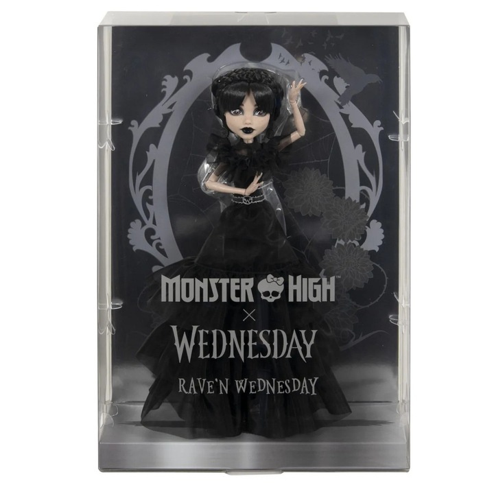 Păpușă Mattel Monster High Rave'N Wednesday, rochie neagră, detalii goth, 29cm