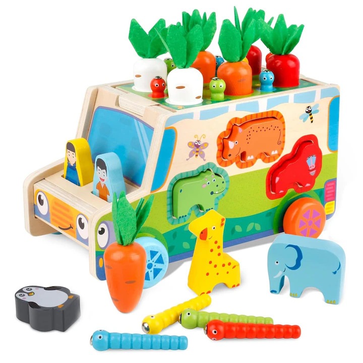 Fajáték, oktató, 6 állatos készlet, répa, rovarok, többszínű, 23.7x11.5x17.5cm