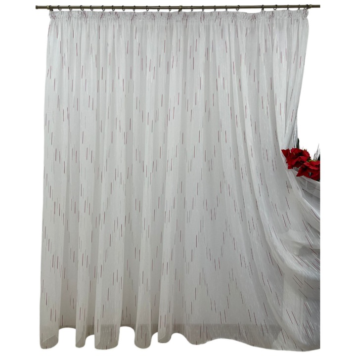 Perdea alba brodata mecanic, cu rejansa, culoare alb/rosu, din colectia "Joc de linii" by Liz Line, 300x245cm PD0553