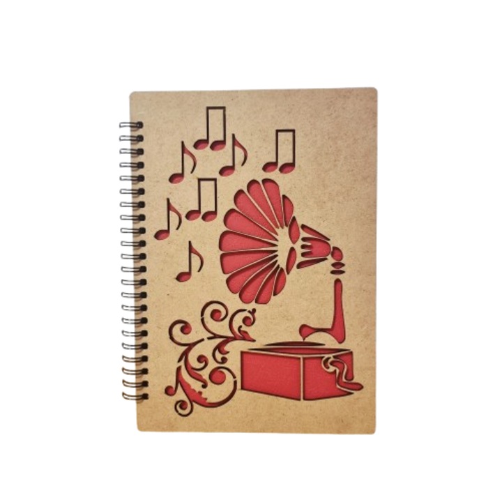 Agenda CreativArt din lemn cu gramofon si note muzicale - 225 x 165 x 20 mm