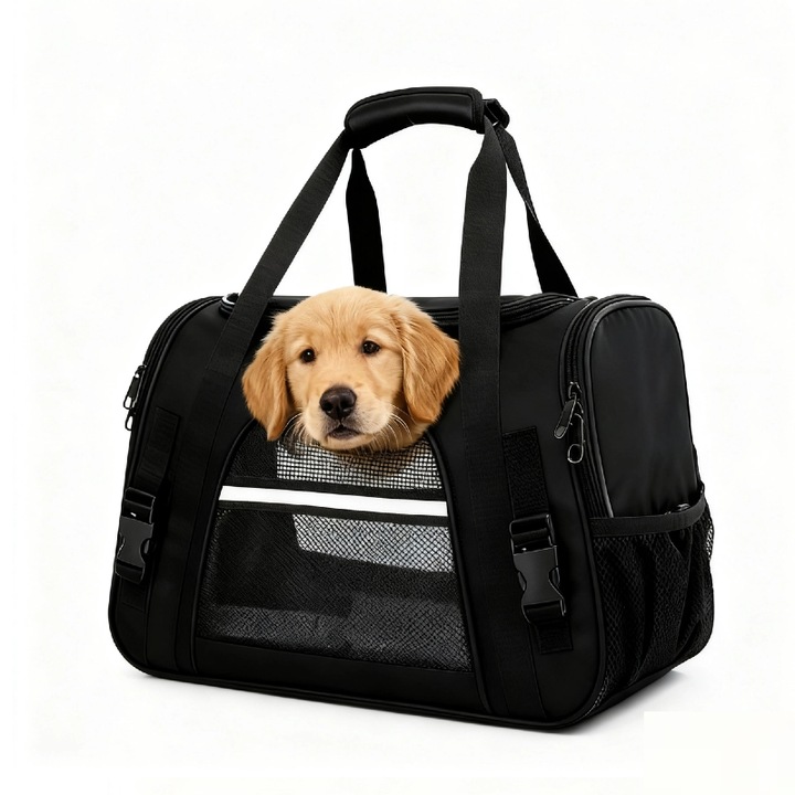 Kisállat hordozótáska, fekete, 44x25x28cm, kényelmes párnákkal és ergonomikus kialakítással